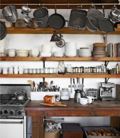 long open shelving paired with railing for pans and pots are nice for storing much stuff