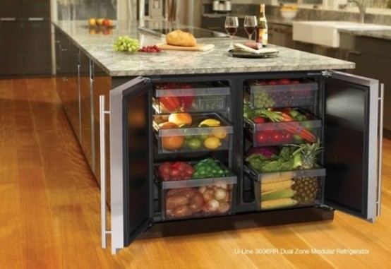 a storage kitchen island with an additional fridge in its side is great for storing food