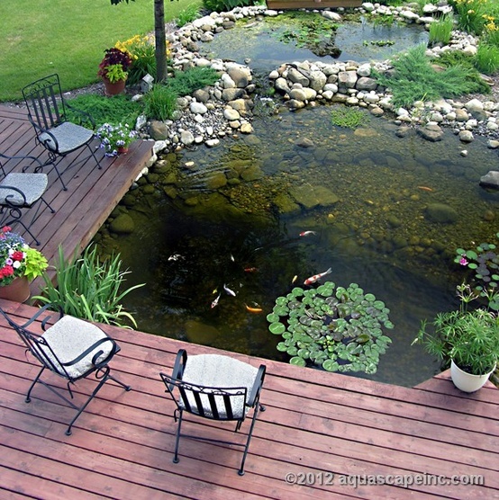 A deck with forged chairs around a large natural looking pond with fish and pebbles