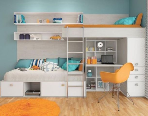 a bright yet small shared teen bedroom with neutral furniture, bright bedding and a bold chair