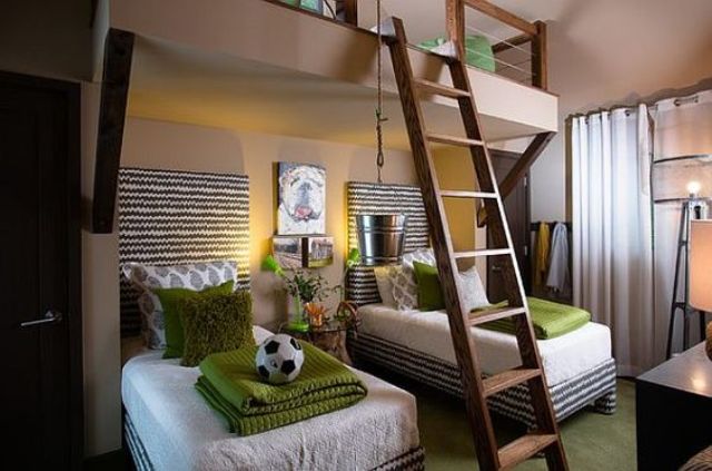 a shared teen boy bedroom with bunk beds, a ladder, a desk and some touches of grass green