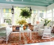 Cool Sunroom With Turquoise Ceiling