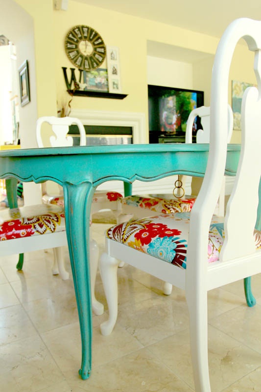 a vintage turquoise dining table will easily add color and a refined feel to the space and will make it amazing and bold