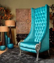 a catchy turquoise upholstered chair with a super extended back is a unique solution for a modern space, it makes a statement with color and its design
