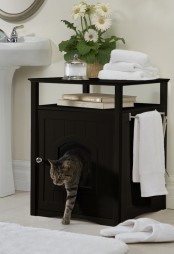 a black storage coffee table with an entrance and a cat litter box and some usual human stuff on top