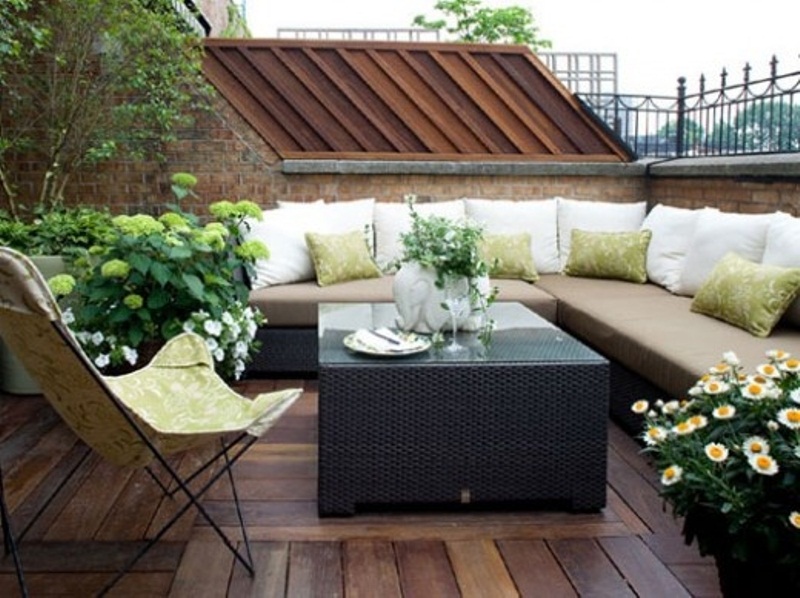 A modern rooftop terrace with an L shaped sofa, a leather butterfly chair and potted blooms and greenery