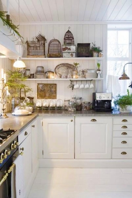 Bird cages, vintage dishes, and greenery are those things that you could display on open shelves in your farmhouse style kitchen.