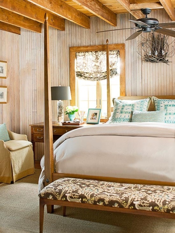 Neutrals, beige and brown plus much natural wood make this bedroom really welcoming and fall like