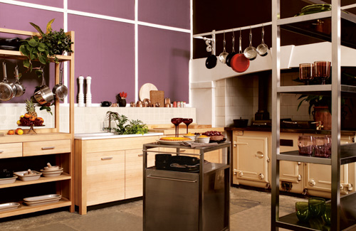 A purple and neutral kitchen with light stained cabinets, stainless steel appliances and much greenery is very chic and cool