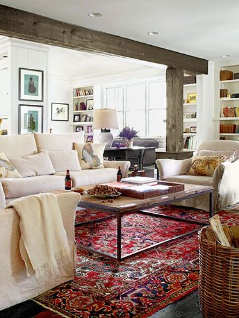 Cozy living room designs with exposed wooden beams  16