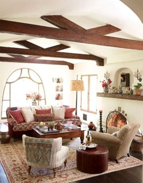 Cozy living room designs with exposed wooden beams  18