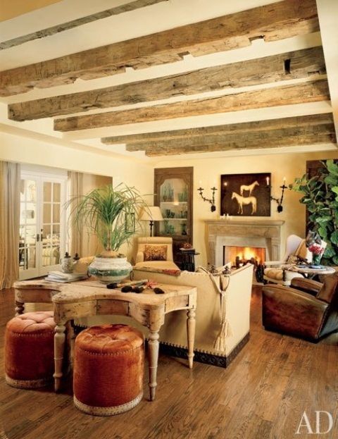 Cozy living room designs with exposed wooden beams  23