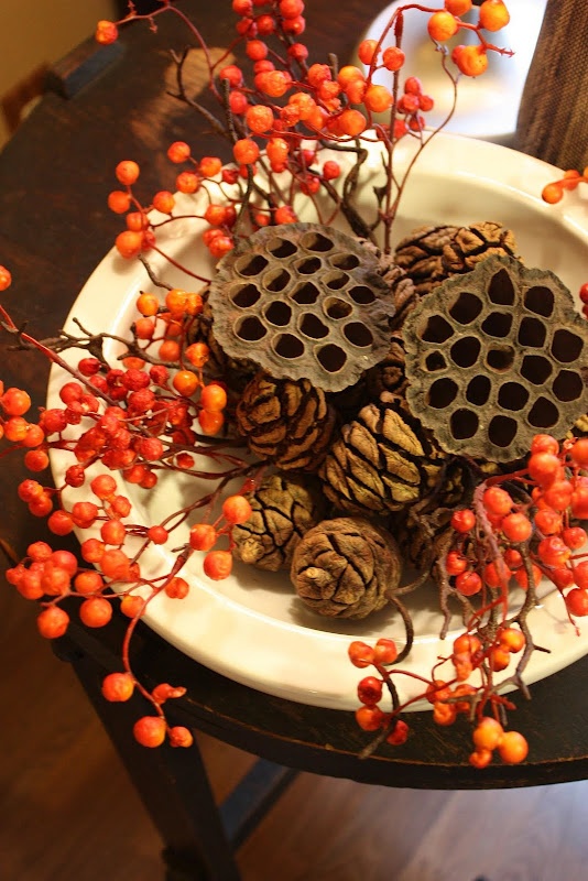 a whimsy fall centerpiece of a bowl pinecones, berries and lotus for a quriky touch