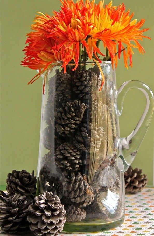 A simple clear glass jug filled with pinecones and topped with bright fiery red blooms for a fall inspired space