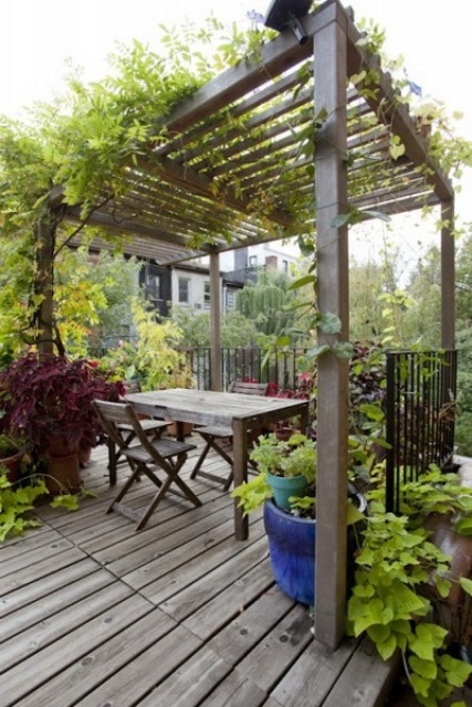 a simple rustic pergola with greenery, blooms and simpel weathered wood furniture