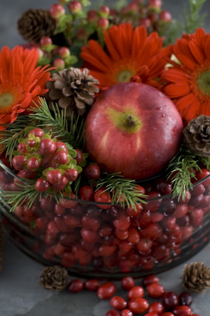 A bowl with evergreens, cranberries, red gerberas, apples, pinecones is a gorgeous and all natural Christmas centerpiece