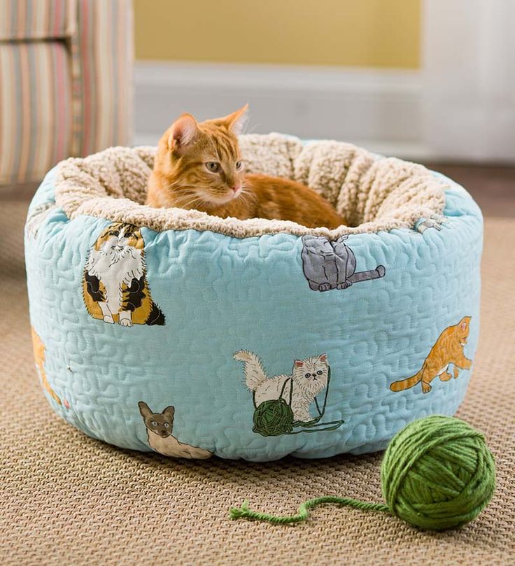 A colorful ottoman style cat bed of fun printed fabric is always a nice and veyr comfy idea, your cat will soak in it