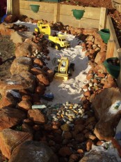 an old pond or fountain space can be transformed into a playground with sand and pebbles – a building or some other one that your kids may need