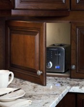a dark stained cabinet with a toaster is a lovely idea if you use it only for breakfast and don’t need in any other time