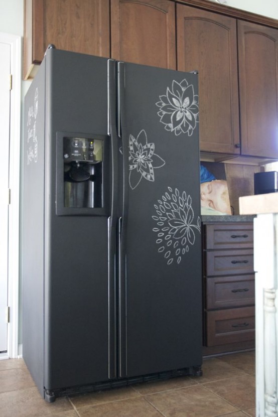 a fridge renovated with chalkboard paint and with some art on it looks awesome and very refreshing, it adds a modern feel to the space