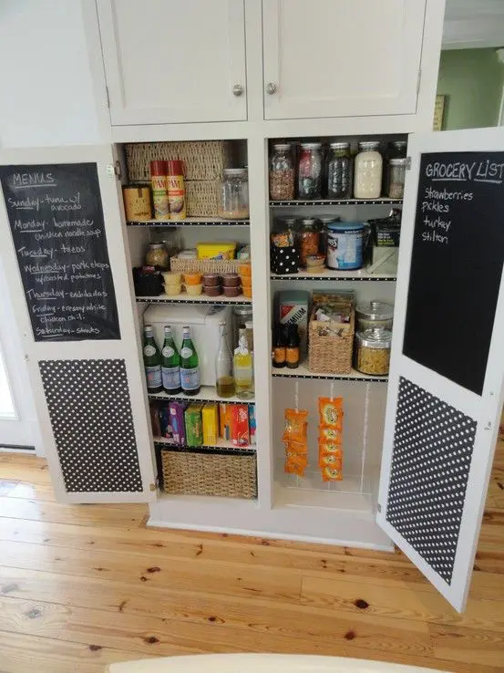 a mini pantry with chalkboard doors inside  looks cool and lets you leave messages, menus and grocery lists there