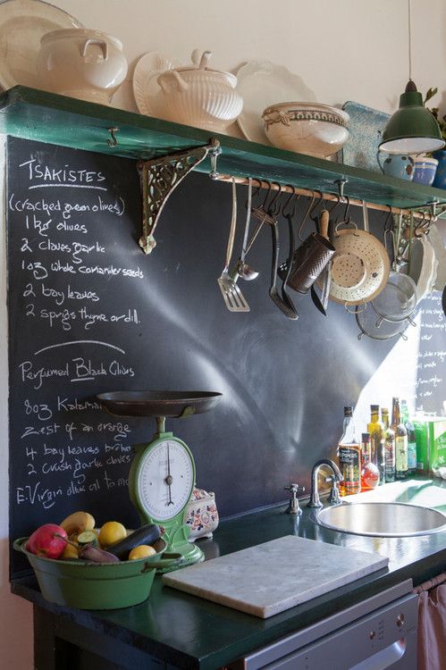 a chalkboard backsplash with notes is always a good idea, and it's easy to renovate it anytime
