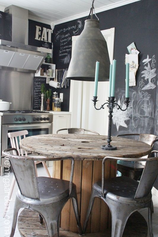a Nordic kitchen with chalkboard walls, stainless steel appliances and stools, a concrete lamp and a wooden table