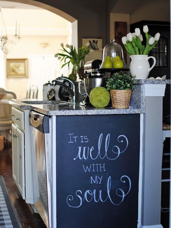 a side of a cabinet with a chalkboard piece that allows leaving notes, menus and other stuff is a great idea to hide it if you need it