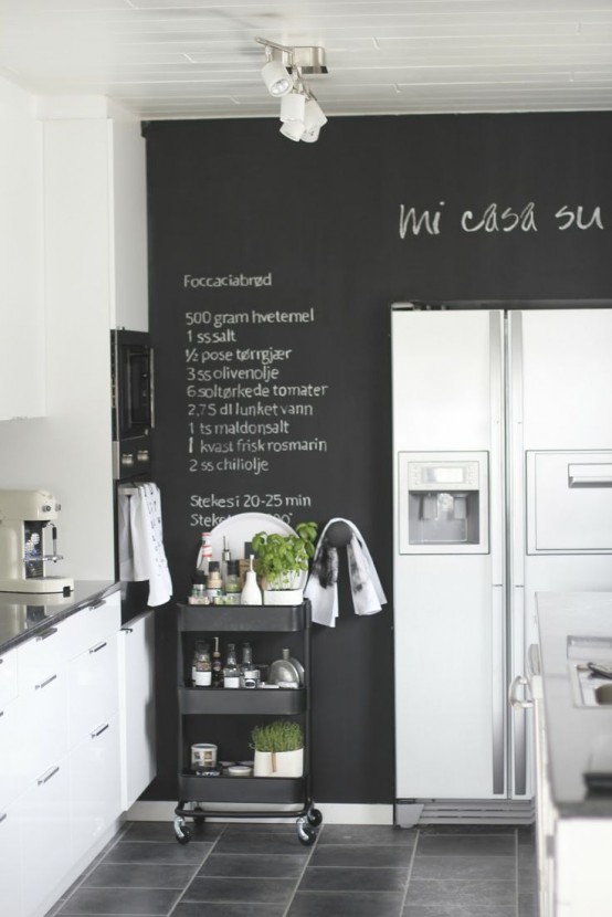 a chalkboard wall is a chic and stylish idea for a kitchen, you write down recipes and all the necessary stuff