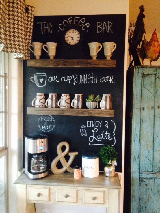 a farmhouse coffee station with wooden shelves, a chalkboard with menus and notes