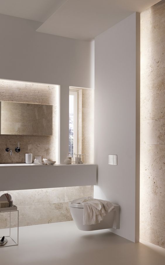 Built in lights are the best solution for a modern or minimalist bathroom, they will bring an edge to design
