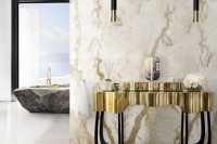 black and gold pendant lamps perfectly match the interior and color scheme and add chic to the bathroom