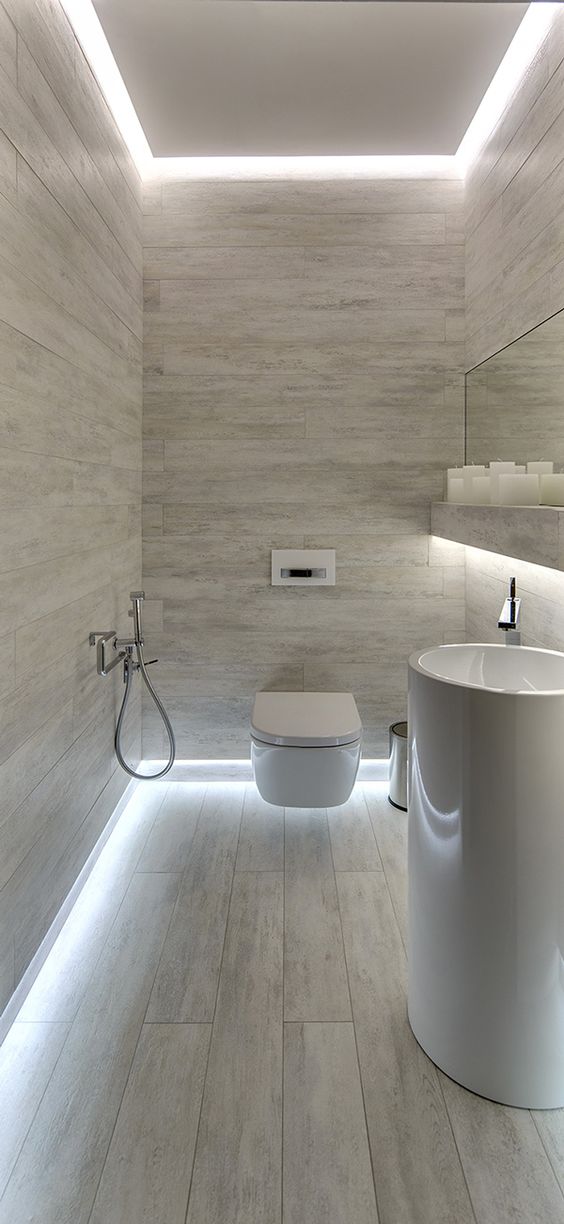 built-in ceiling lights are great even for a small bathroom, they don't take any space and are always cool