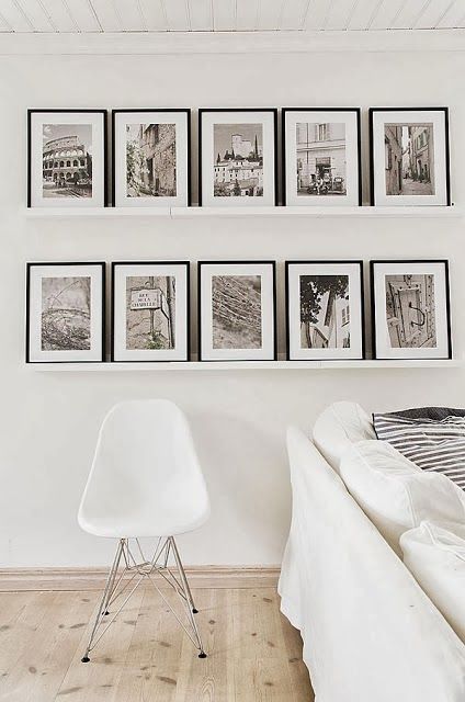 white ledges with black and white photos in black frames is a very stylish decoration for any contemporary space