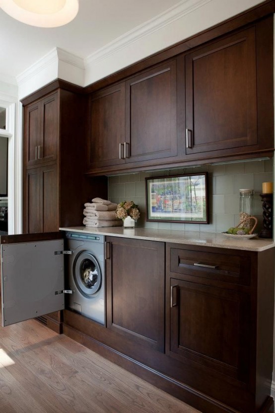 With a right door you can seamlessly hide a washing machine under a kitchen counter.