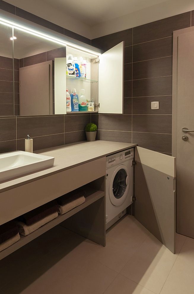 The first room that comes in mind when you want to hide a washer in is a bathroom.