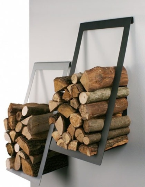 minimalist metal firewood holders attached to the wall are ideal for modern, contemporary and minimalist spaces
