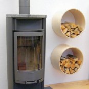 whitewashed plywood round firewood holders can be attached to the wall next to the fireplace