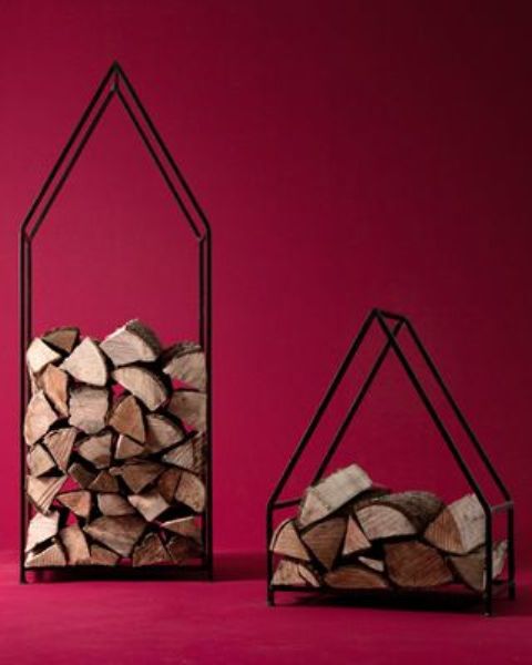 laconic metal firewood stands shaped as houses are a cool and bold idea with a cozy feel