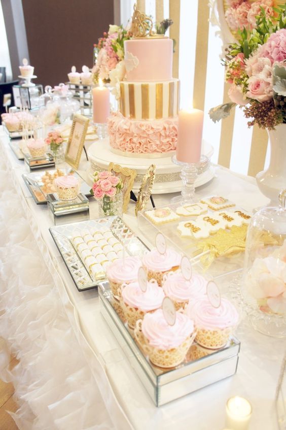 a girlish pink and gold dessert table with stripes, ruffles, candles and gold frames for a girl's baby shower