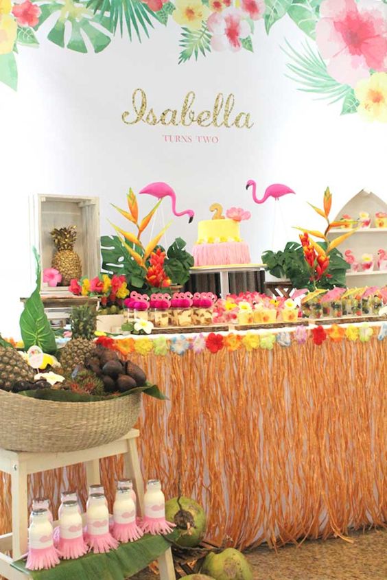 a tropical dessert table with touches of yellow, pink, green, orange, flamingos and fruits in a basket