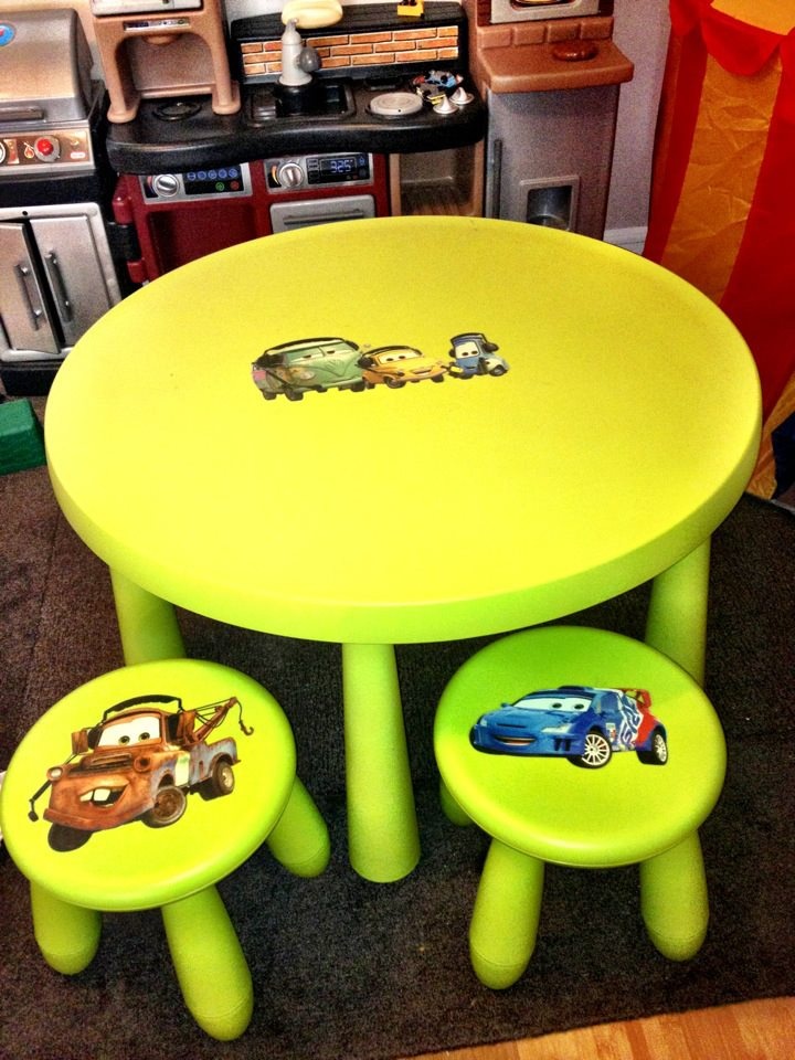 Bright neon green Mammut stools and a matching mini table spruced up with removable stickers from kids' favorite cartoons