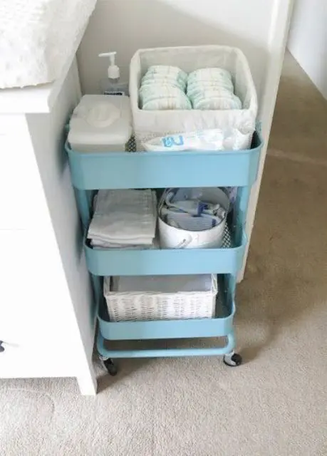 a blue Raskog cart by IKEA is a very popular organizer for nurseries and other rooms, too