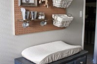 a pegboard with wire and fabric baskets plus some small buckets will meet all your needs on storage