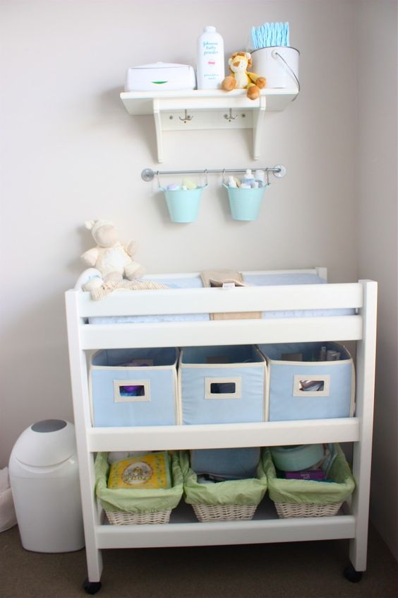 a simple changing table done with fabric boxes and baskets as drawers is an eay way to organize