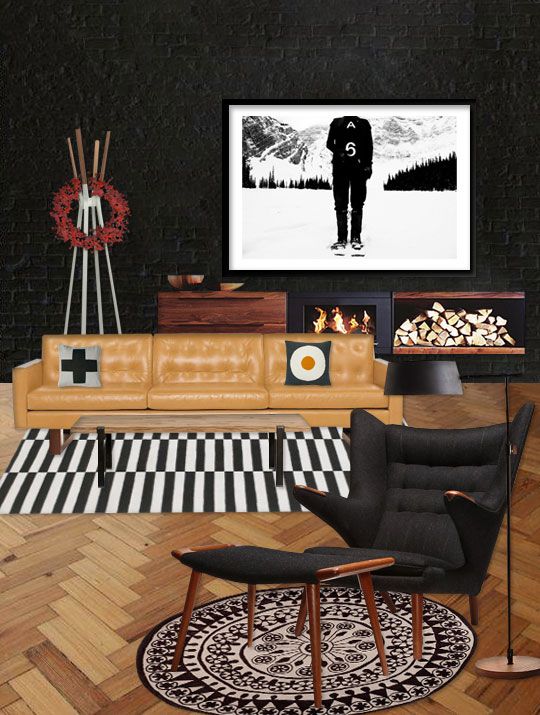 dark modern living room with black and white rug