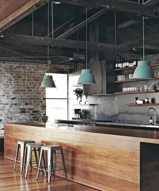 dark rustic ceiling and lots of other lements make this kitchen design truly industrial