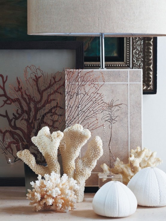seaside home decor done with corals and sea urchins gives a sea feel to the space at once