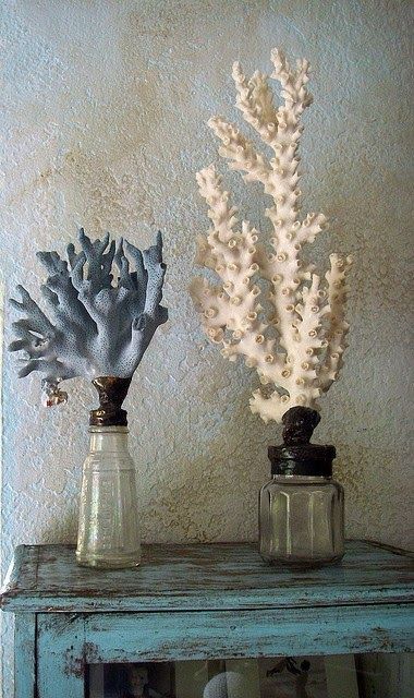 coral home decor - corals placed into bottles and painted white and blue look bold and very cool