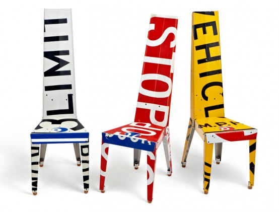 Decorative Chairs and Small Tables Made Of Recycled Street Signs – Transit by Boris Bally